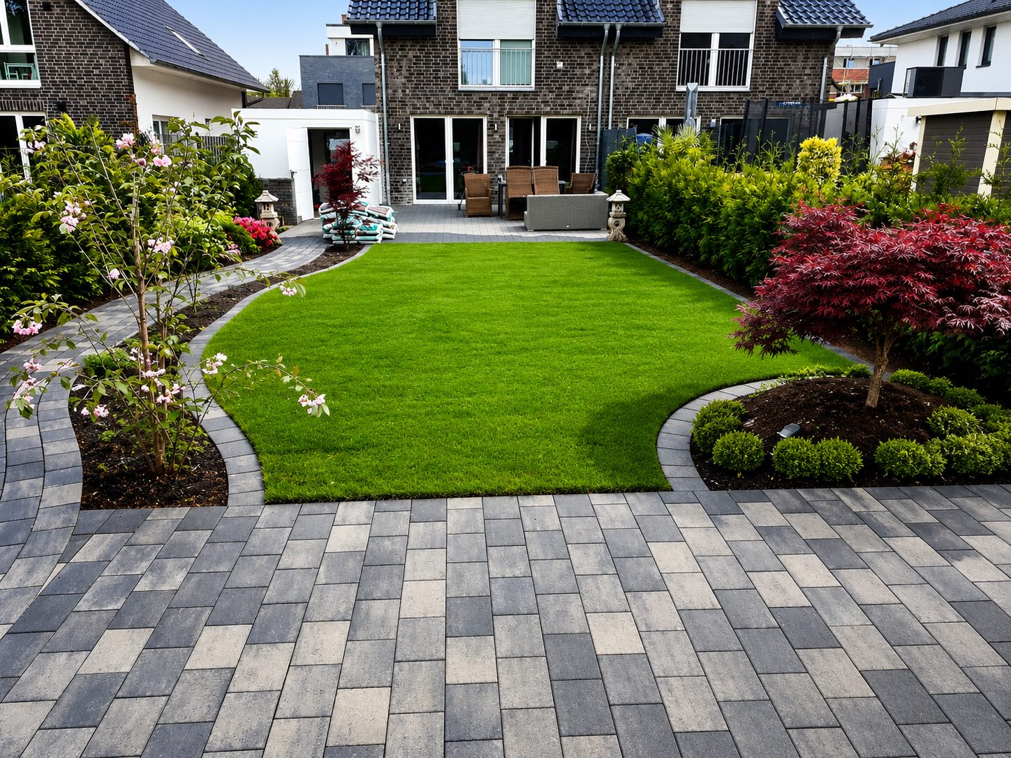 Garten mit Pflasterwegen, Rasen und bepflanzten Beeten